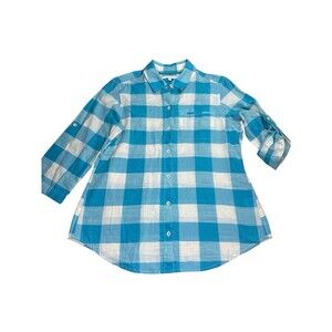 FoxCroft Blue & White Gingham Button Down Shirt Roll Tab Sleeves Size‎ 6